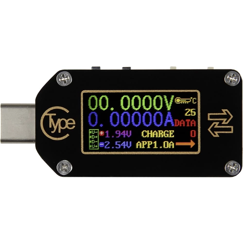 Ein USB-Voltmeter zeigt 0 V und 0 A auf einem digitalen Bildschirm an, mit zusätzlichen Diagrammen und Icons für Ladestatus und Messdaten.